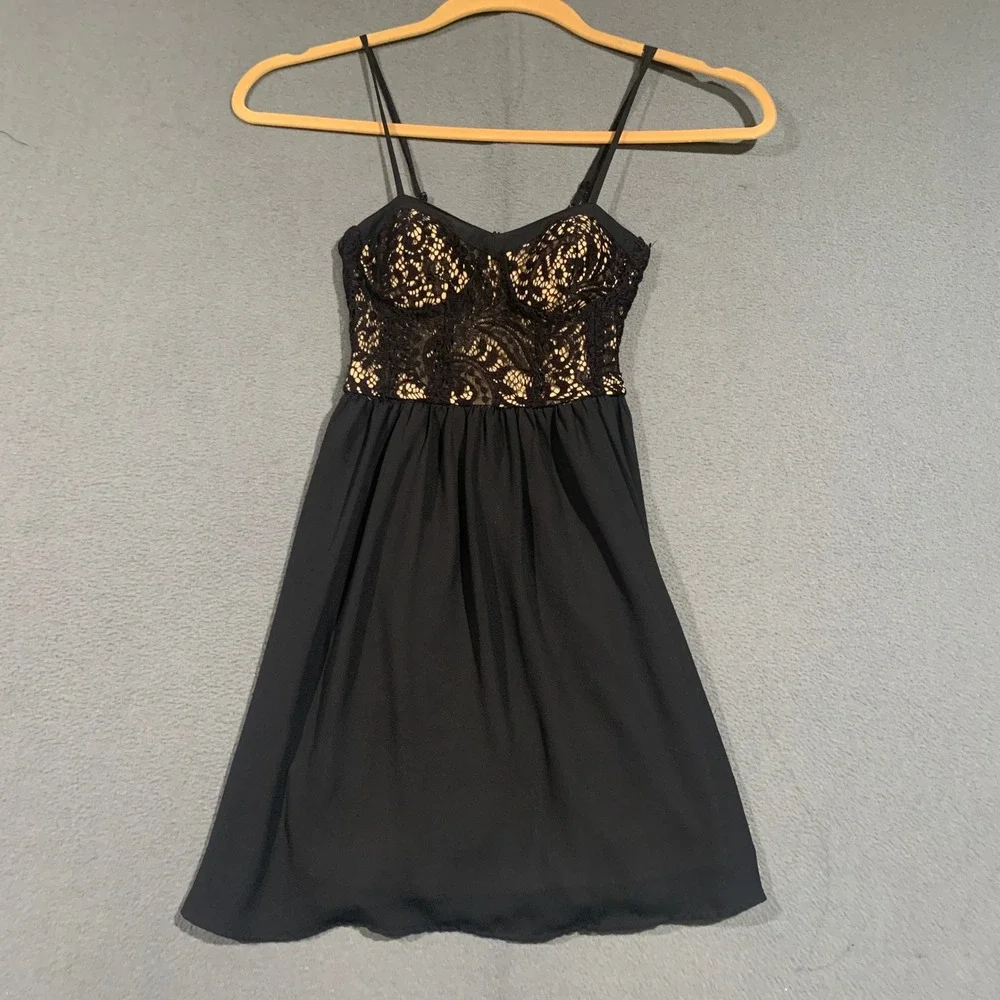 Coquette Black Lace Babydoll Mini Dress Smocked Back Adjustable Straps Size S - Picture 1 of 5